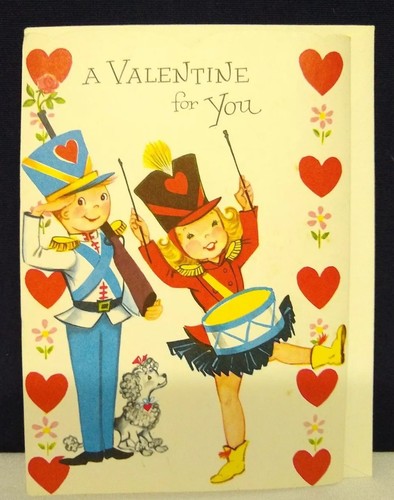 Vintage *UNBENUTZT* Valentinskarte: Trommler, Hund, Herzen, Blumen, Soldat - Bild 1 von 3
