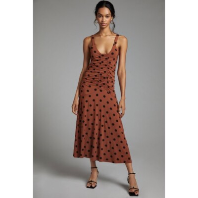 NWT!! ANTHROPOLOGIE Ruched Midi Dress Brown Black Polka Dots Party X-Small