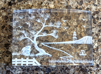 Lucite 3D Etched Display Paperweight Asian Landscape Scene Acrylic 4'' x 3'' x 1''