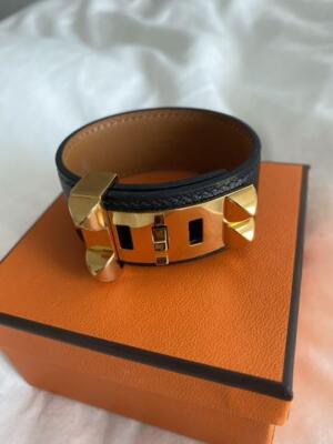 Hermes Collier de Chien 24 Black Leather Gold Box Bracelet