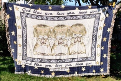 Religious Angels Christian Tapestry Throw Blanket God Bless You Love You  60x48''