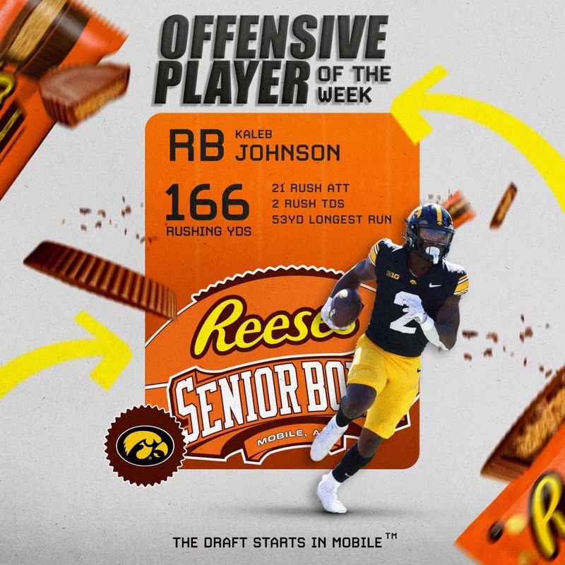 2025 SENIOR BOWL IOWA HAWKEYES KALEB JOHNSON PITTSBURGH STEELERS P.O.T.W ROOKIE