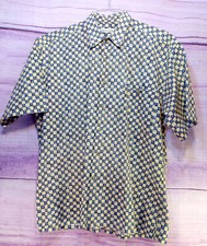 Pierre Cardin Shirt Mens Large Blue Tan Checkered Button Up Short Sleeves VTG