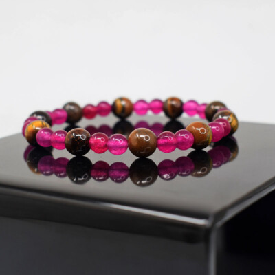 75 Cts Earth Mined Ruby & Tiger Eye Beads Stretchable Womens Bracelet JK-33E347