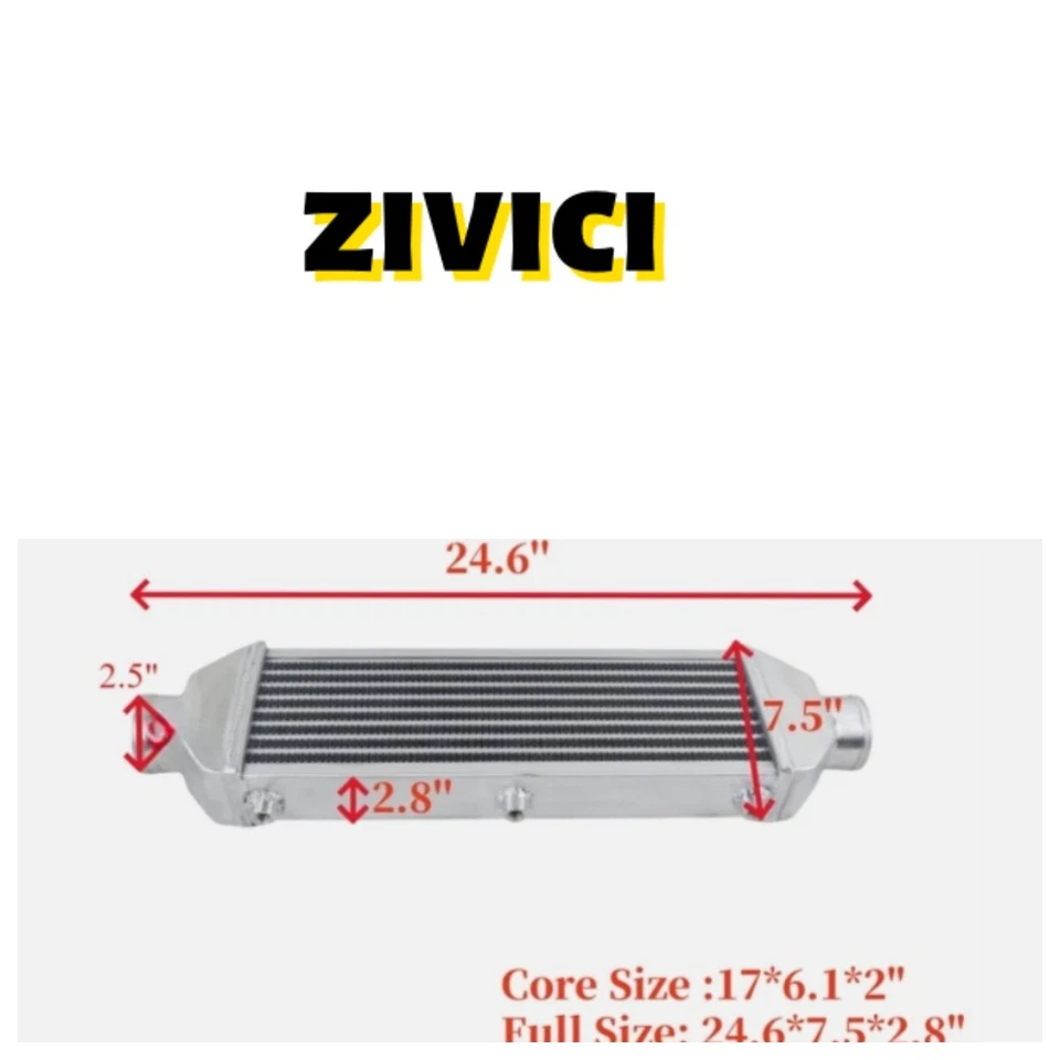 Intercooler universal de aluminio FMIC 24,6X7,5X2,8", 2,5" entrada/salida Foto 2 de 4