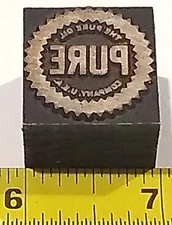 Vintage Letterpress Printing Press Block Pure Oil Company USA Advertising Logo