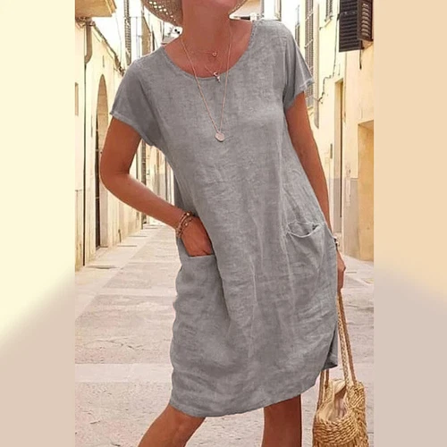 Sommer Damen Baumwolle Leinen Midikleid Damen lässig locker Pullover Tasche Kleid - Bild 8 von 17