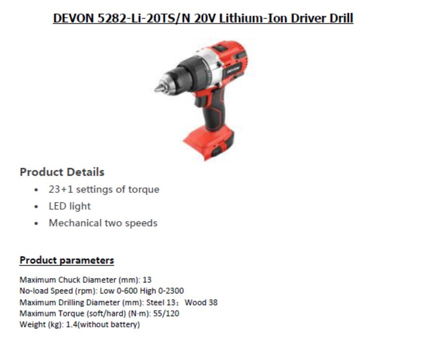 DEVON 5282-Li-20TS-4.0Ah 20V Drill Driver Brushless Drill - No