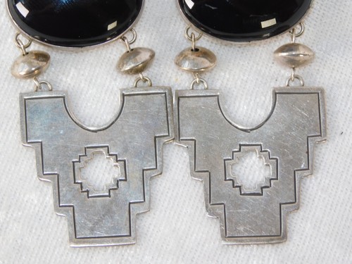 Vintage Large Navajo Onyx Sterling Silver Dangle Drop Earrings 2 3/4" 32gs - Picture 2 of 8