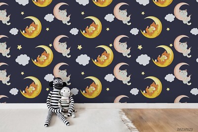3D Moon Cat Star Cartoon Pattern Self-adhesive Removable Wallpaper Murals