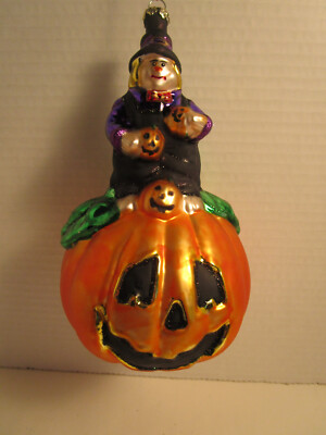 Witch and Jack o' Lanterns Large Blown Glass Ornament Halloween  $6Ship