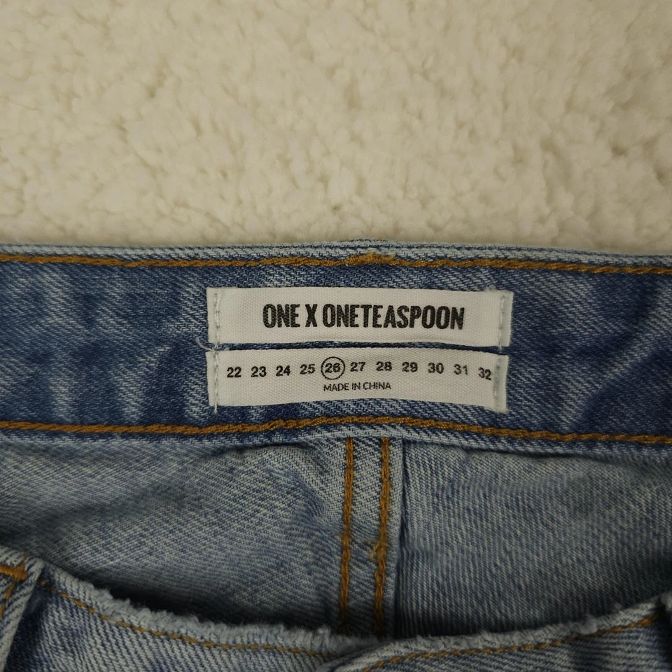 Pantalones de mezclilla One Teaspoon Johnnies para mujer 28 azules desgastados tiro bajo pierna ancha acampanada Foto 3 de 4