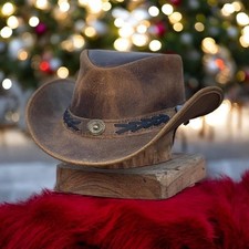 Mens Real Leather Australian Western Cowboy Style Tan Crazy Horse Bush Hat