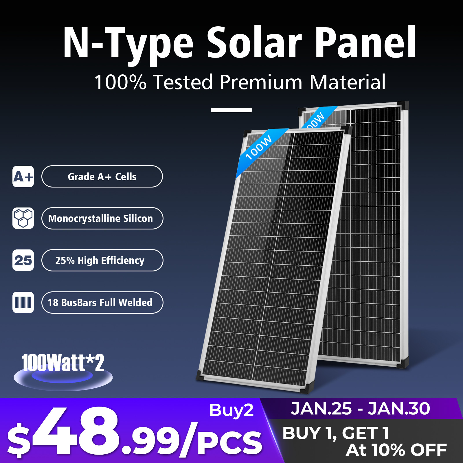 200W 400W Watt 18V/36V Solar Panel N-Type 18BB 25% IP68 PV H