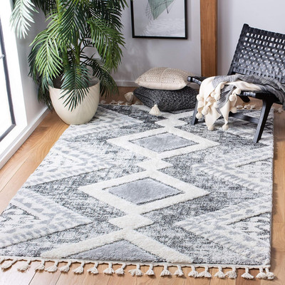 Moroccan Tassel Shag Area Rug 6'7'' Square Grey & Ivory, Non-Shedding