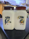 Vintage Set Pair Lot Flour Sugar Milk Glass Shakers Metal Tops Cornucopia Design