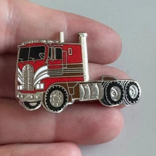 Vintage Kenworth K100 Red Cabover Semi Truck Enamel Lapel Pin Chrome Silver KW