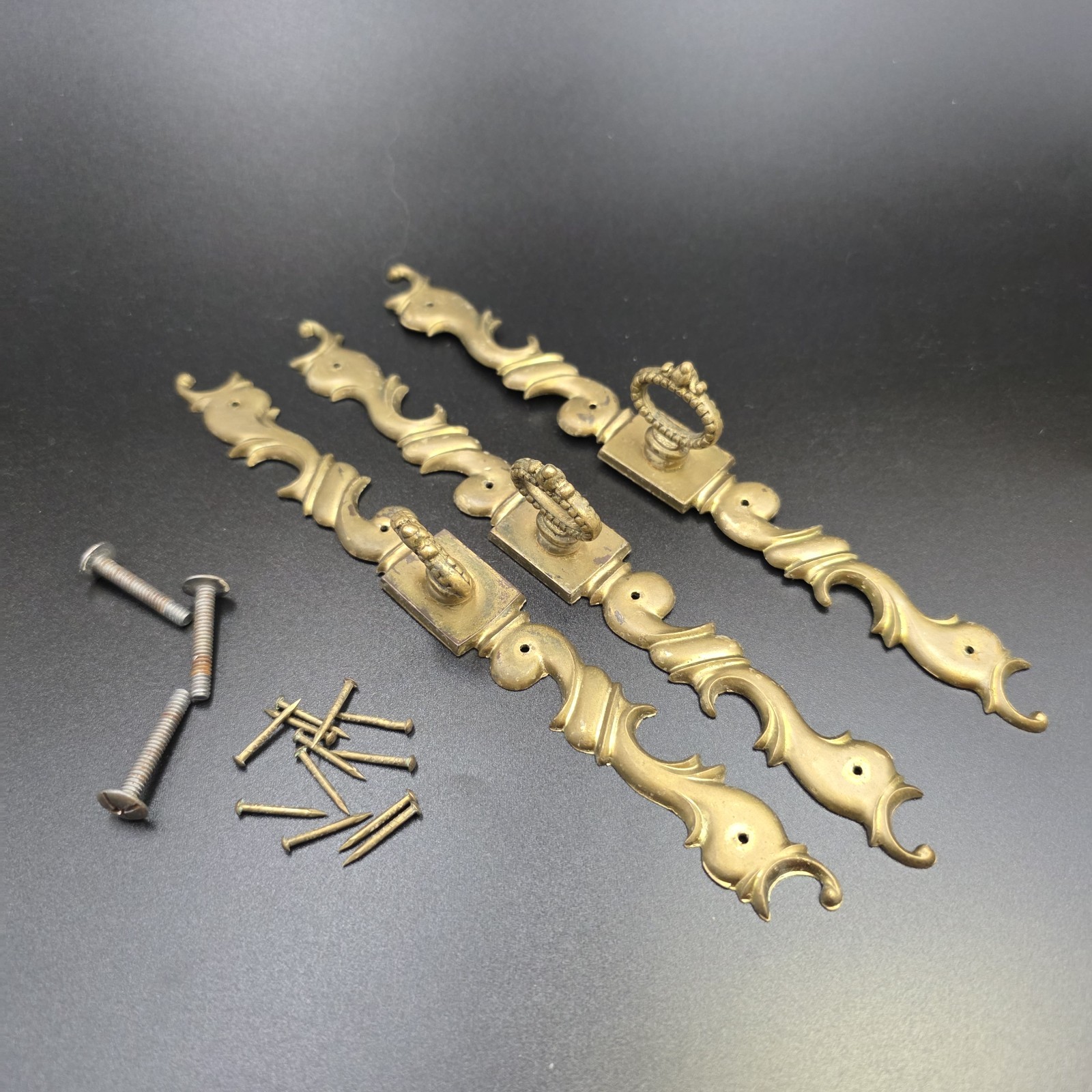 Vintage Ornate Brass Drawer Pulls Set of 3 ~ 7.75" Escutcheon Plates Ring Handle