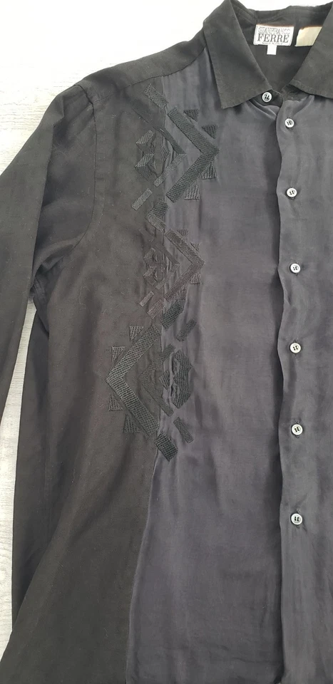 Camisa De Colección Gianfranco Ferre Hecha en Italia Negra Bordada Transparente Para Hombres 44 (171/2) L/XL Foto 3 de 4