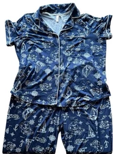 Joyspun Women's Pajama Set Short Sleeve Button Up Blue Nautical 2X (18-20)