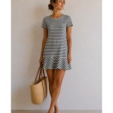 Loft Blue & Grey Striped Knit Ruffled Hem Mini Sheath Dress 4