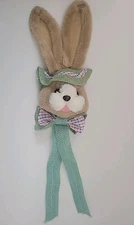 BURLAP Rabbit HEAD W/ FABRIC HANGING BLUE RED GINGHAM 23" Bunny Farmhouse Decor 