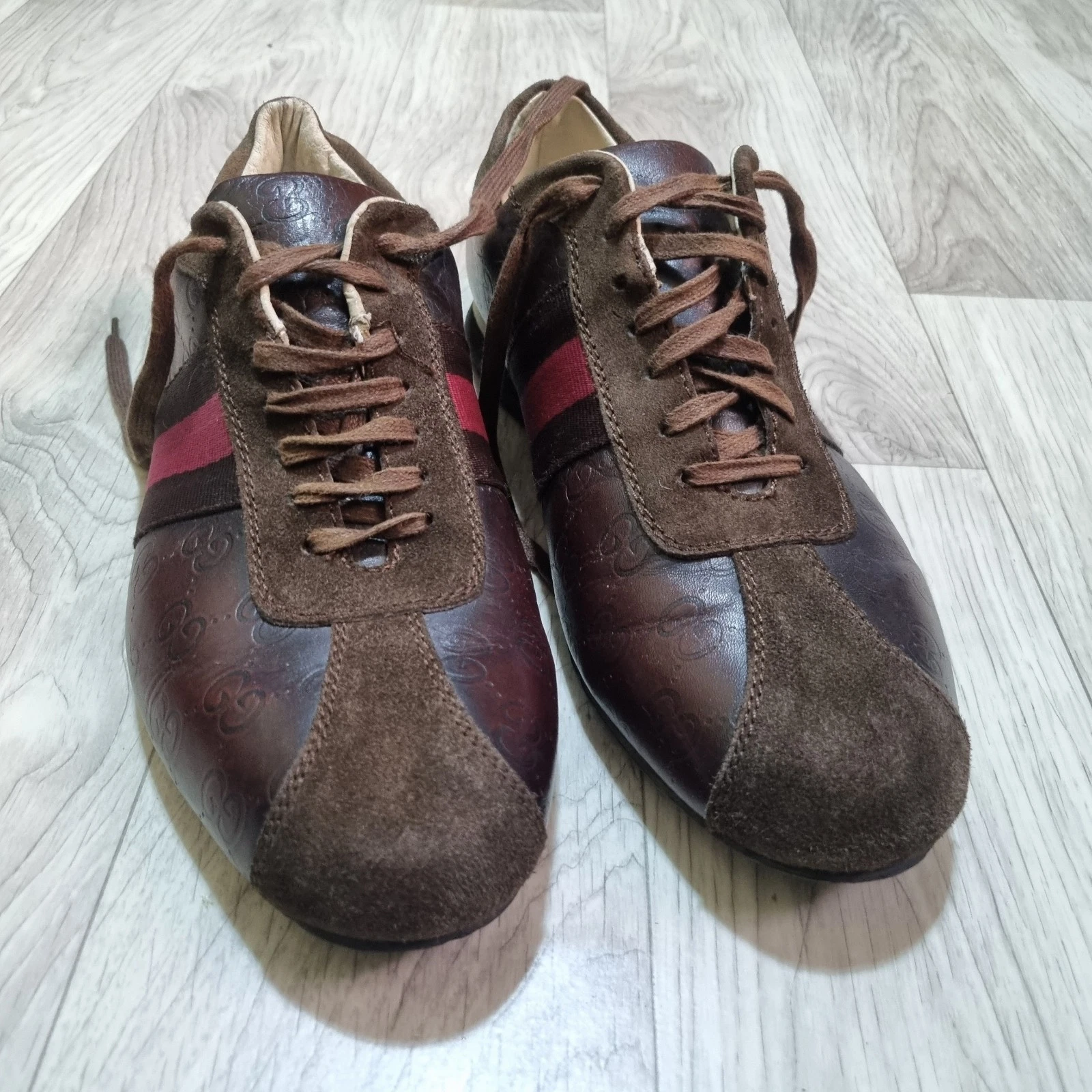 Gucci Chaussures Homme Marron Guccissima Toile Daim Web Baskets GG Taille 10 Us