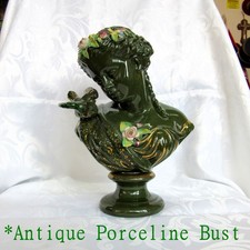 'Eichwald Style' Antique Porcelain 'Green Lady' Bust, with Bird Dove? & Flowers.