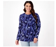 Denim & Co Active Printed French Terry Round Neck Pullover Navy XXSmall A608482