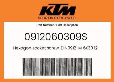 KTM Genuine Hexagon Socket Screw, Din0912-M 6X30 12. - 0912060309S