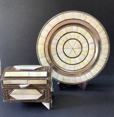 Marokkanische Kamelknochen Intarsien & Metall Tablett Platte & Klappdeckeldose Vintage 