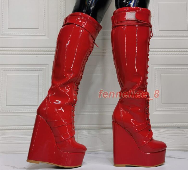 Womens Fashion Round Toe Lace Up Red Patent Leather Knee Boots Wedge ...