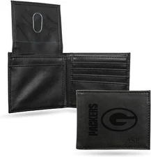 Green Bay Packers Laser Engraved Black Leather Billfold Wallet  - Free Shipping