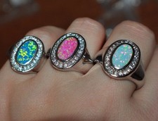 fire opal Cz ring 7.5 8 gemstone silver jewelry engagement cocktail Oval band J7