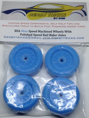 Pinewood Derby Lathed & polished Blue Speed Wheels & Bent Rail Rider Axles