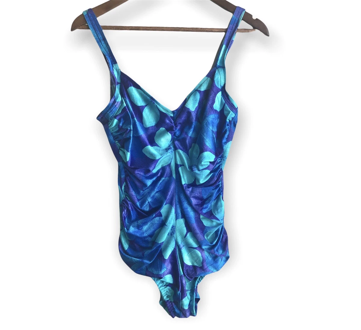Vintage 80s Rose Marie Reid Blue Teal Floral One Piece Swim Suit Sz 16 Shirred