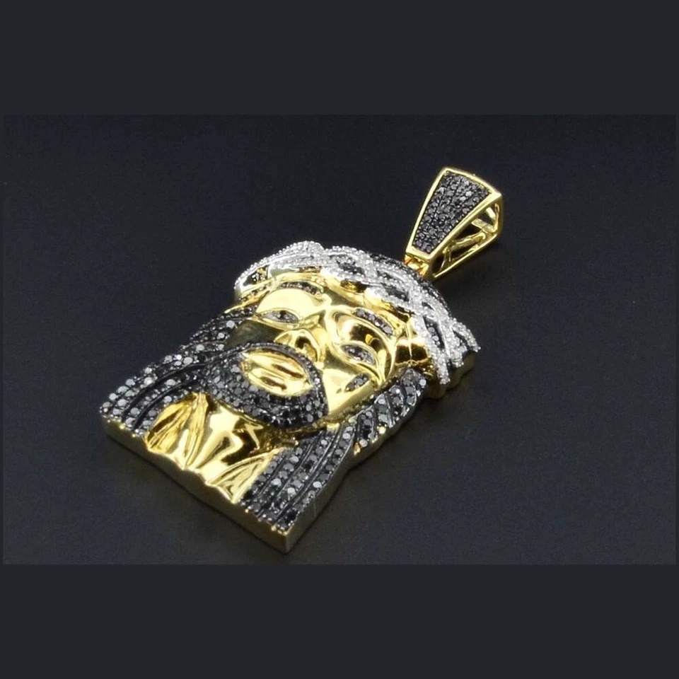 1.60 ct Black Spinel & Diamond 14K Yellow Gold Plated Jesus Face Mens Pendant 2" - Image 4 of 4