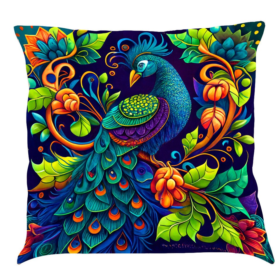 Vintage Turquoise Peacock with Flower Throw Pillow Case Blue Teal