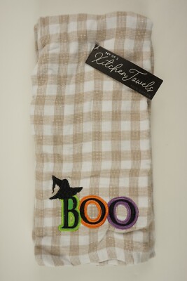 New Set of Two BOO Witches Hat Halloween Kitchen Towels White Cotton Checkered