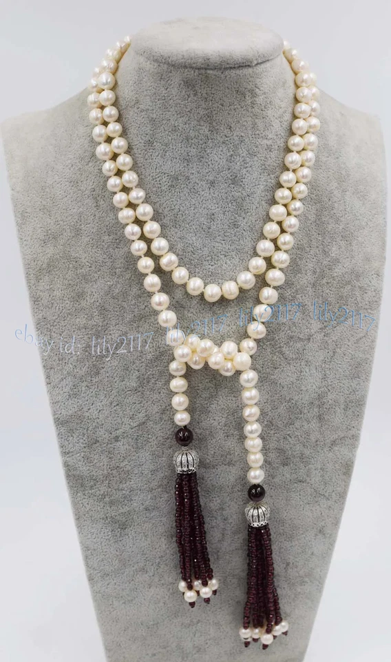 Natural 8-9mm White Freshwater Pearl 3mm Red Garnet Gems Pendant Necklace 55inch - Image 2 of 4