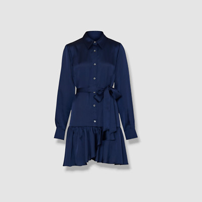 $395 Milly Women's Blue Noah Ruffle Button-Down Satin Mini-Dress Size 12