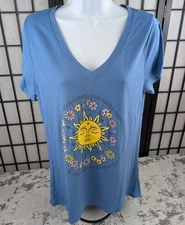 Modern Lux Women's Blue XL V-Neck Top Sun Floral Graphic T-shirt Chest 36"