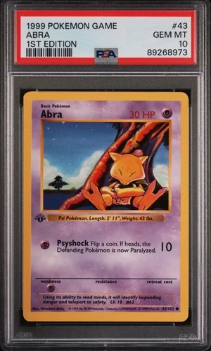 Pokemon Card Abra 43/102 1st Edition PSA 10 Shadowless Base Set