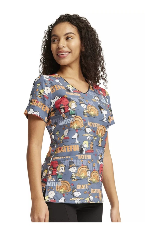 Peanuts Grateful Thanksgiving Scrub Top XS Snoopy Charlie Brown TF614 Uniform - Image 2 of 4