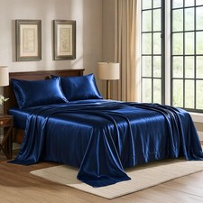 Satin Sheets Queen 4-Piece, Navy Hotel Luxury Silky Bed Sheets - Extra Soft