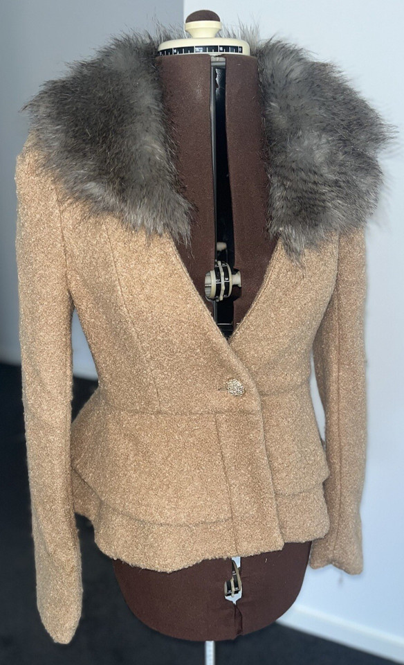 Angel Sissi Tan Peplum Jacket Faux Fur Collar Fitted Womens Size 10-12