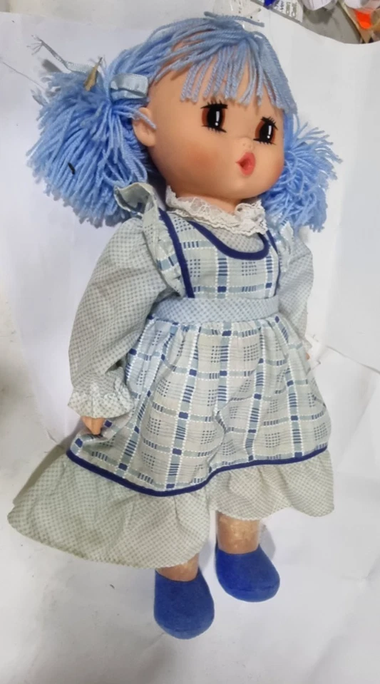 Bambola Occhioni Vintage Anni 70/80 Capelli Blu 50cm - RESTAURO IMBOTTITURA - Immagine 3 di 4