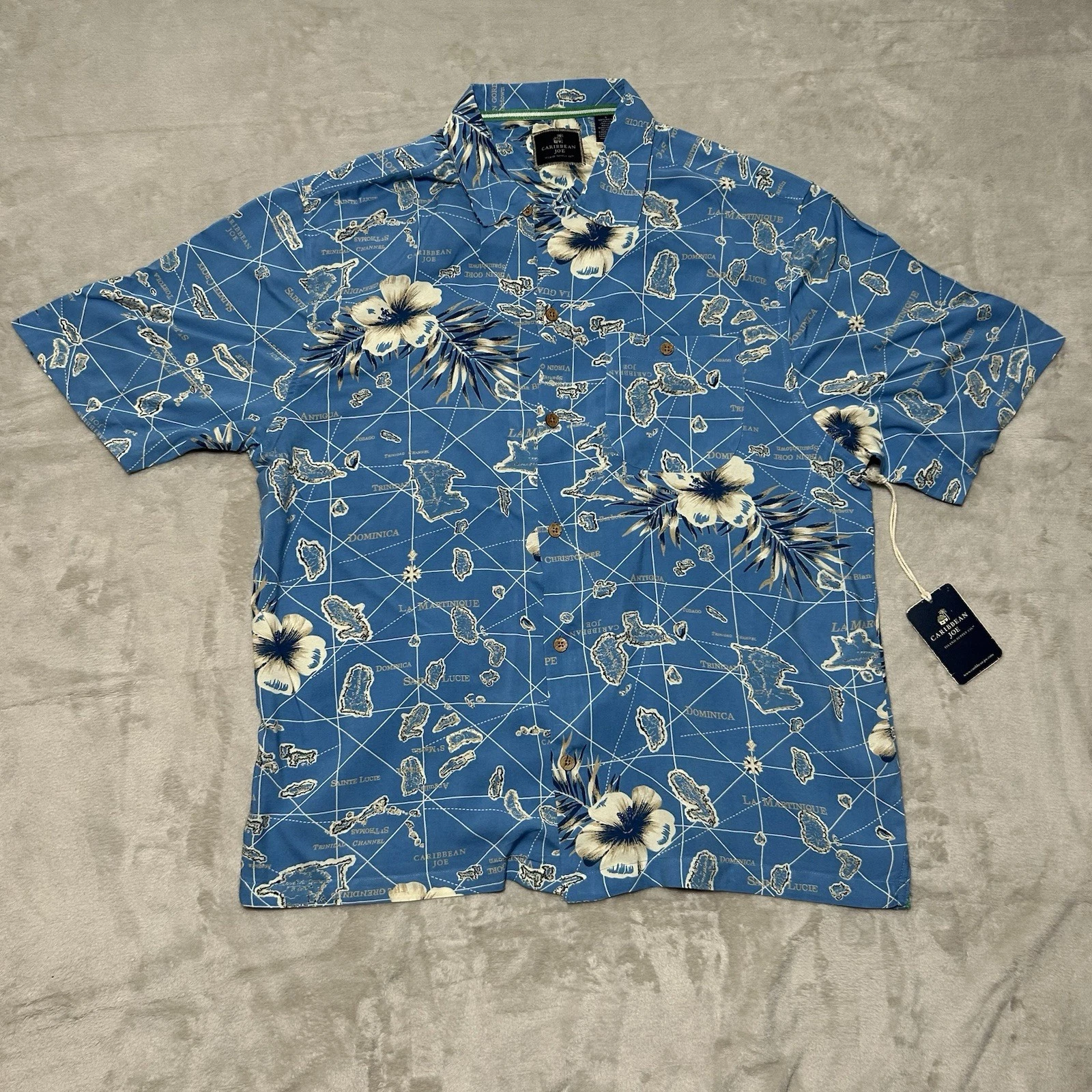 CARIBBEAN Men's Short Sleeve Button Down Virgin Islands Floral Shirt Blue L