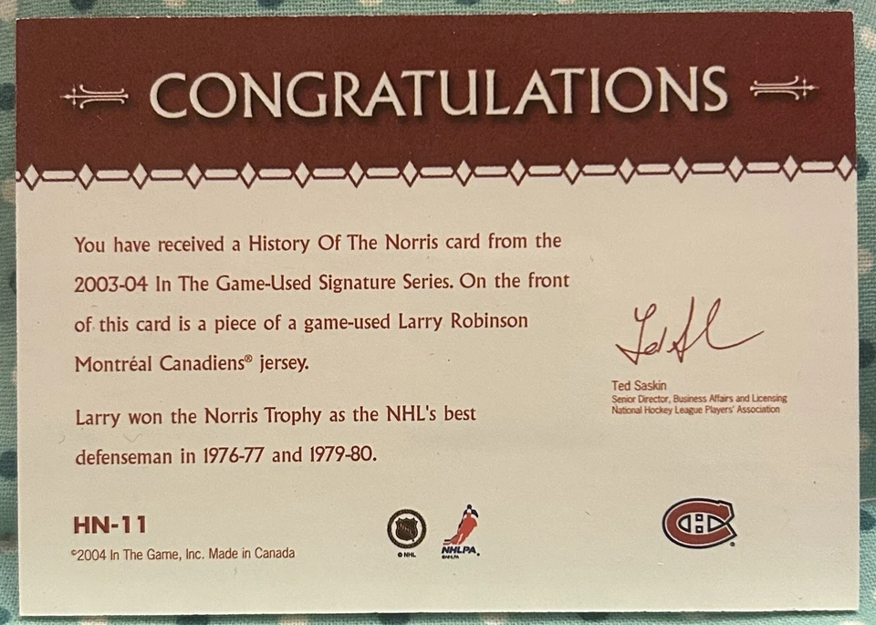 LARRY ROBINSON 2003-04 In The Game-Used Norris Trophy History Jersey Relic - Image 2 of 2