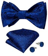 Mens Bow Tie Paisley Striped Self Bow Tie for Men Silk Woven Bowtie Royal Blue